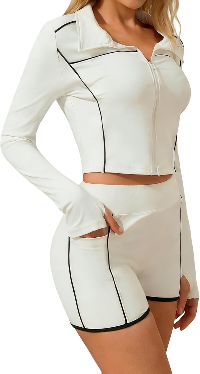 Women 2 Piece Outfits Tracksuit Long Sleeve Zip Up Croped Jacket High Waist Sweat Shorts Sweatsuit Workout Sets - Image 4