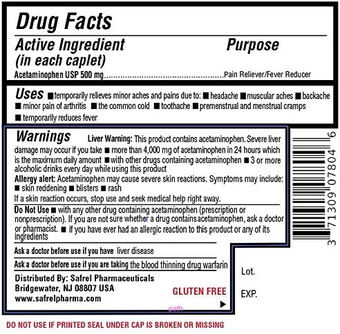 Safrel Acetaminophen Rapid Release Extra Strength Caplets 500 mg, Pain Reliever and Fever Reducer, Red, 400 Count | Made in USA