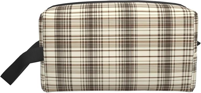 Brown Plaid Makeup Bag with Handle,Large Capacity,Cute Fashion Travel Cosmetic Bags Organizer for Women Men,Portable Toiletry Bag,Zipper