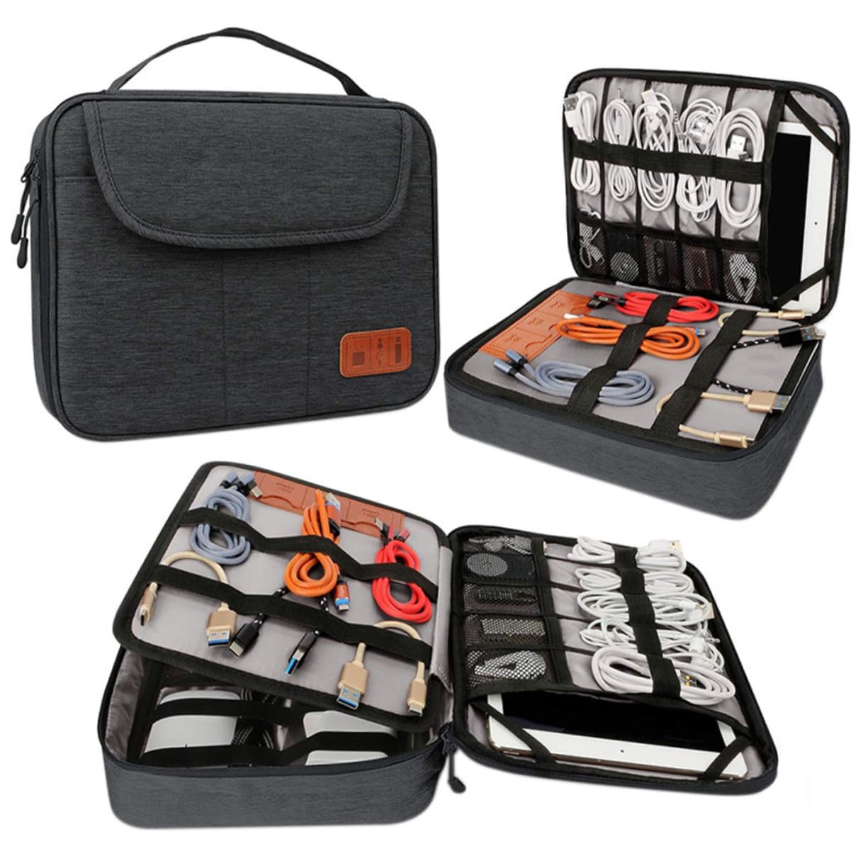 Organizer per Cavi Doppio con Maniglia Borsa da Viaggio per Accessori Elettronici Custodia Digitale Portatile Leggera Nero per Viaggi e Outdoor