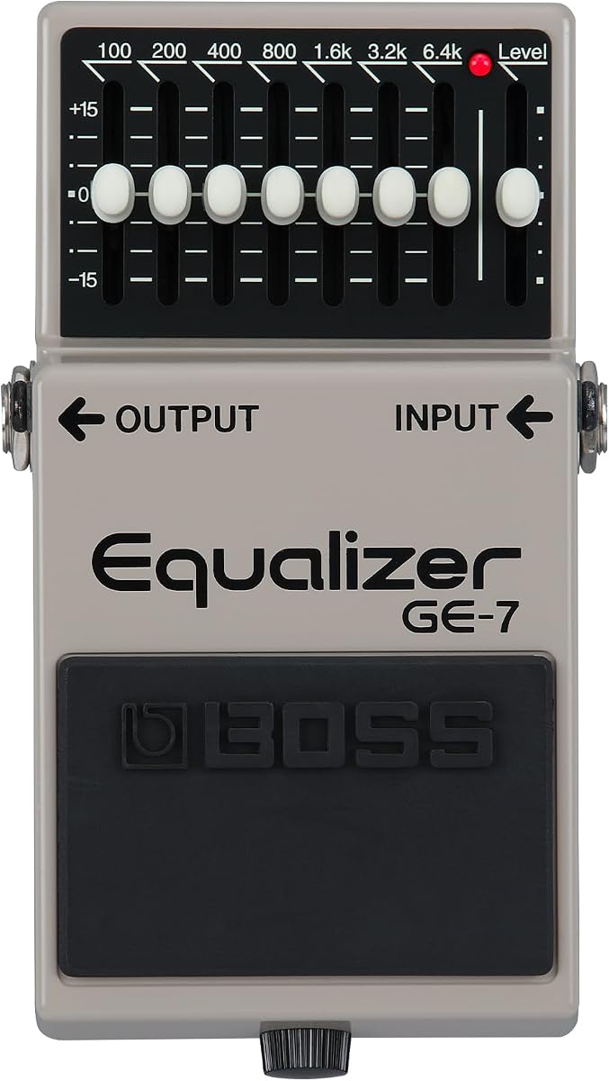 Ecualizador BOSS GE-7 | Pedal ecualizador gráfico compacto | Diseñado para guitarristas | 7 bandas de controles deslizantes de ecualizador | Frecuencias optimizadas para guitarra | ±15 dB de refuerzo/corte por banda | Control deslizante de nivel para ajustes de volumen | Diseñado para guitarristas, 7 bandas de controles deslizantes de ecualización, frecuencias optimizadas para guitarra, +/-15 dB de refuerzo/corte por banda