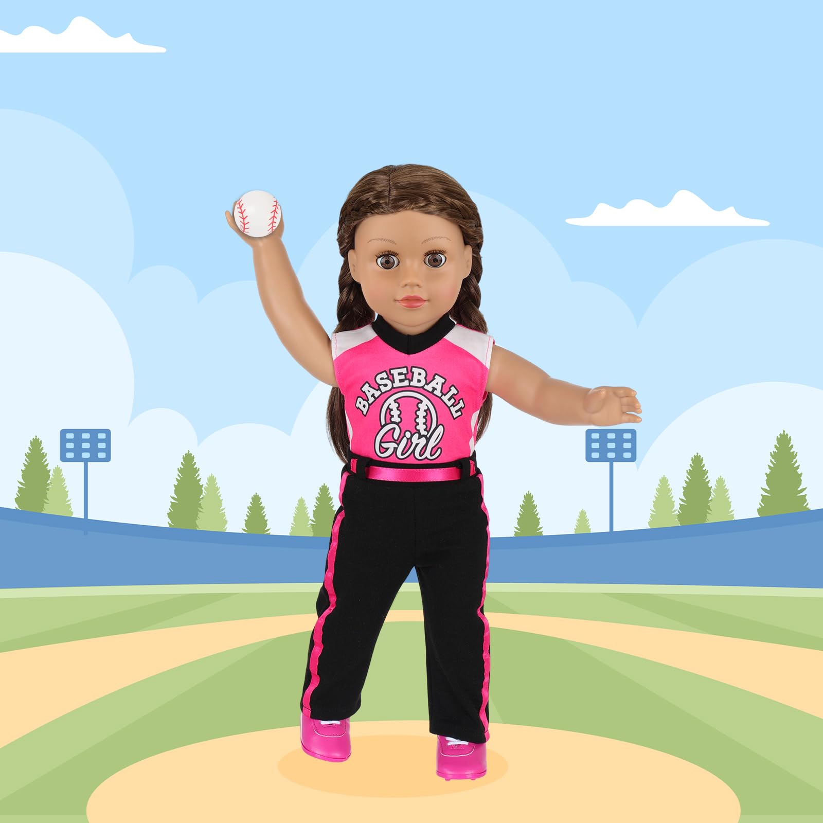 Juego de 7 accesorios de sudadera de béisbol de 18 pulgadas con diseño de rosas de muñeca de 18 pulgadas compatible con muñecas de niña de 18 pulgadas 6