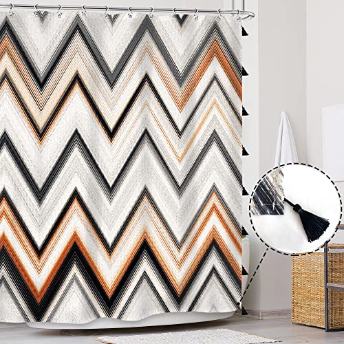 Glawry Colorful Boho Tassel Shower Curtain Abstract Geometric Stripe Bathroom Curtains Set Modern Lines Chevron Simple Minimalist 72Wx72L Inches Bath Accessories Art Home Decor Fabric 12 Pack Hooks #TOP1
