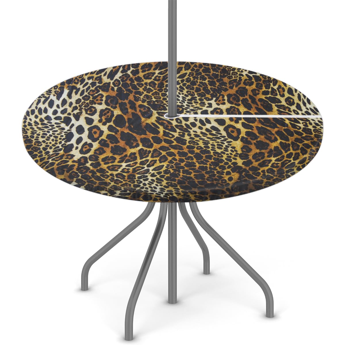 Round Outdoor Fitted Tablecloth with Umbrella Hole, Leopard Print Elastic Table Cloth Animal Leopard Print Waterproof Table Cover with Zipper for Patio Picnic, 45
