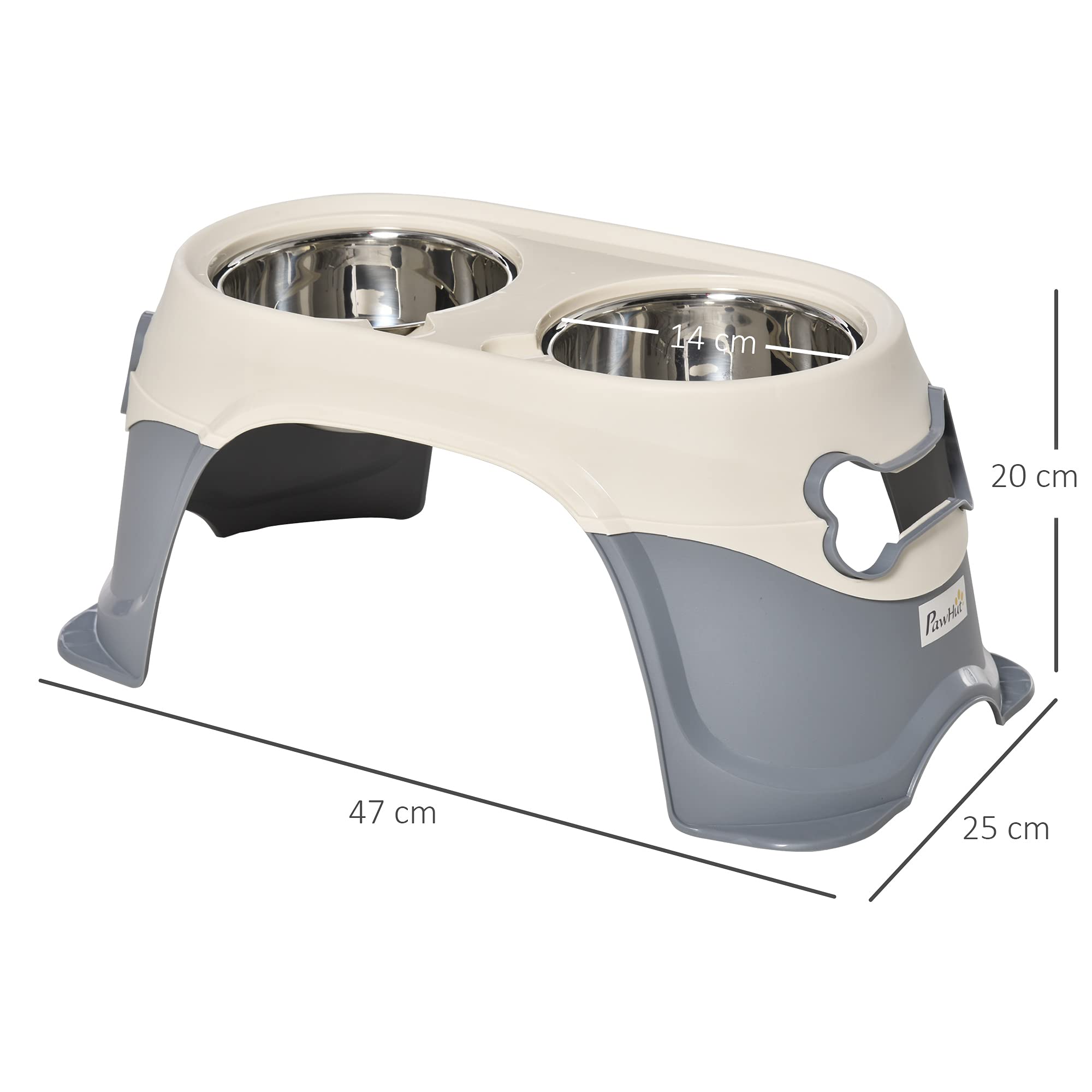 PawHut Doppia Ciotola per Cani Rialzata in Acciaio Inox e Plastica con Piedini Antiscivolo, 47x25x20cm, Bianco e Grigio