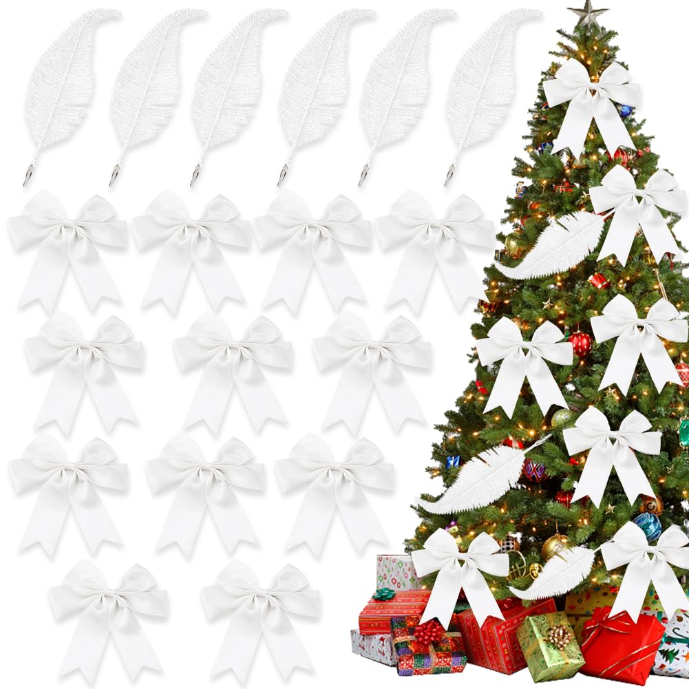 White Christmas Tree Decorations White Satin Ribbon Bows & Glitter Feathers Clip Artificial Glittery Xmas Tree Feather Ornament for Gift Wrapping Crafting Wedding Birthday Christmas Decoration