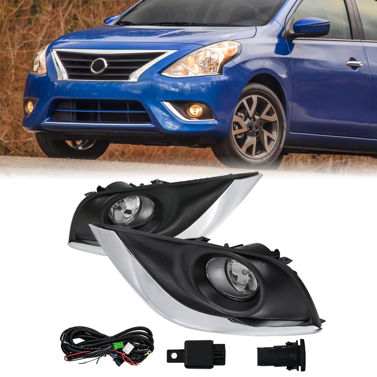 Fog Lamps Assembly with Bulb Compatible with 2015-2019 Nissan Sunny/Versa,Fog Lights with Covers Harness Switch Kit Replacement for Left&Right Side Fog Lights Assembly 2Pcs