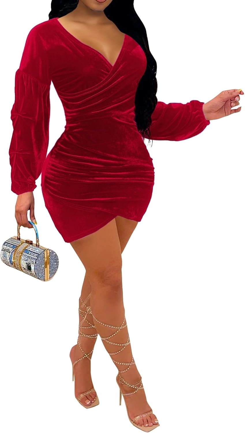 Elainone Women's Off Shoulder Wrap V Neck Velvet Bodycon Dress Ruched Long Puff Sleeve Cocktail Party Mini Dresses - Image 2