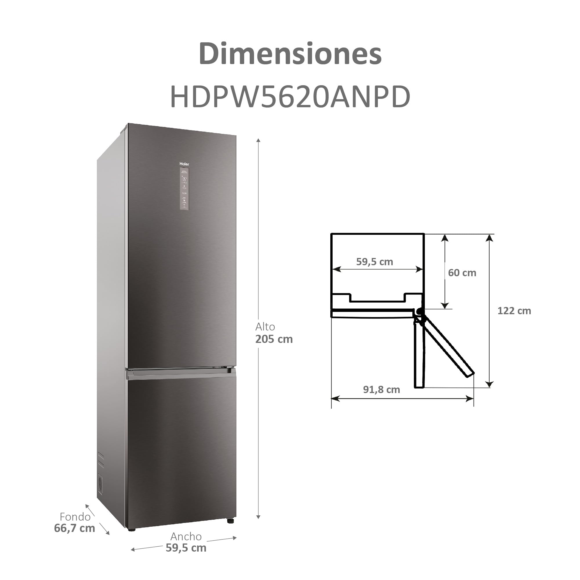 Haier 2D 60 Series 5 Pro HDPW5620ANPD Frigorífico Combi, 409L, WIFI, Motor Inverter, My Zone, Cajón Humidity Zone, Total No Frost, Ancho 59,5cm, Botellero Plegable, Luz LED, Inox oscuro