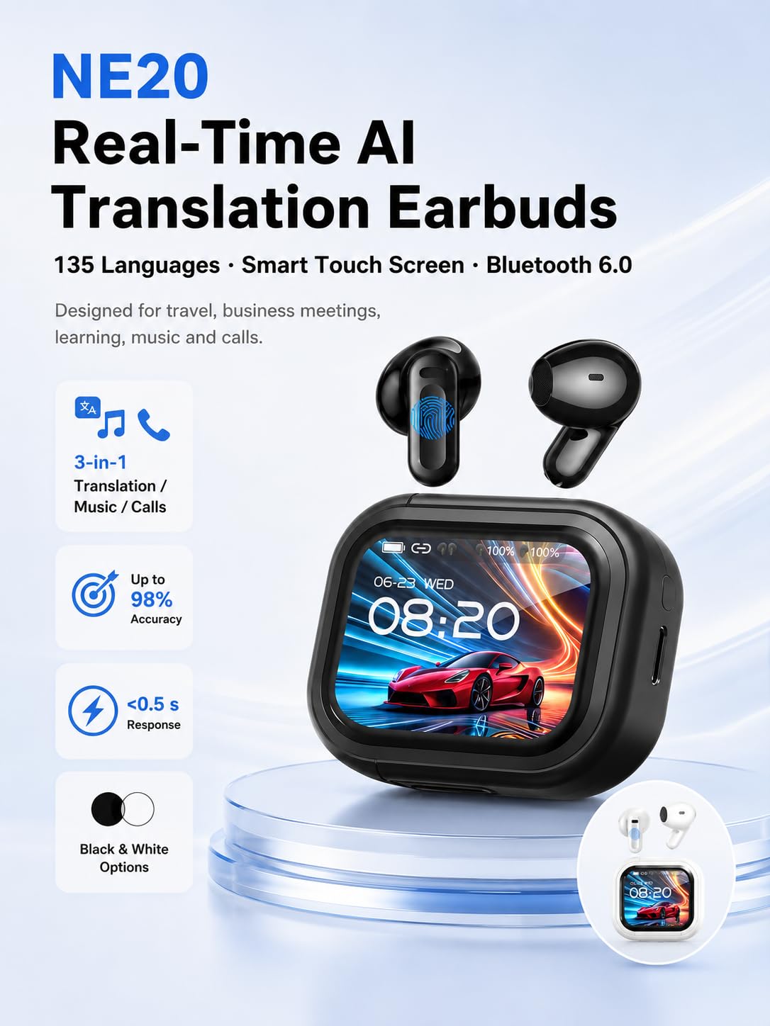 NE20 KI Übersetzer Kopfhörer In Ear, Echtzeit Sprachübersetzer 135 Sprachen, LCD Touchscreen Bluetooth 6.0 Kopfhörer Kabellos, 60 Std. Wiedergabezeit für Reise Business (Schwarz)