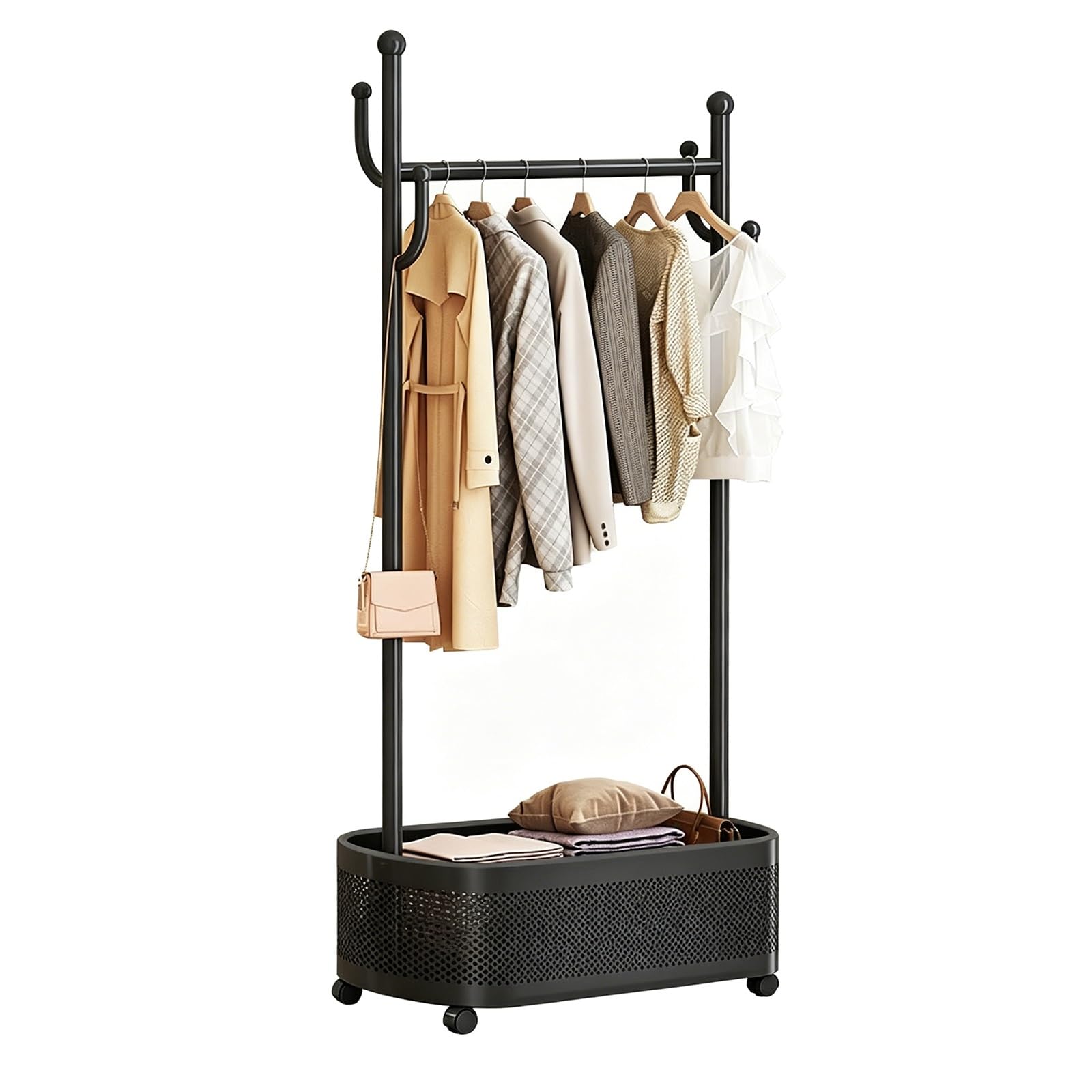 lyxamjrzyp Rolling Clothes Rack with Wheels, Portable Clothing Rack with Storage Basket, Garment Organizer for Bedroom Living Room Entryway Closet(Black,23.6in/60cm)