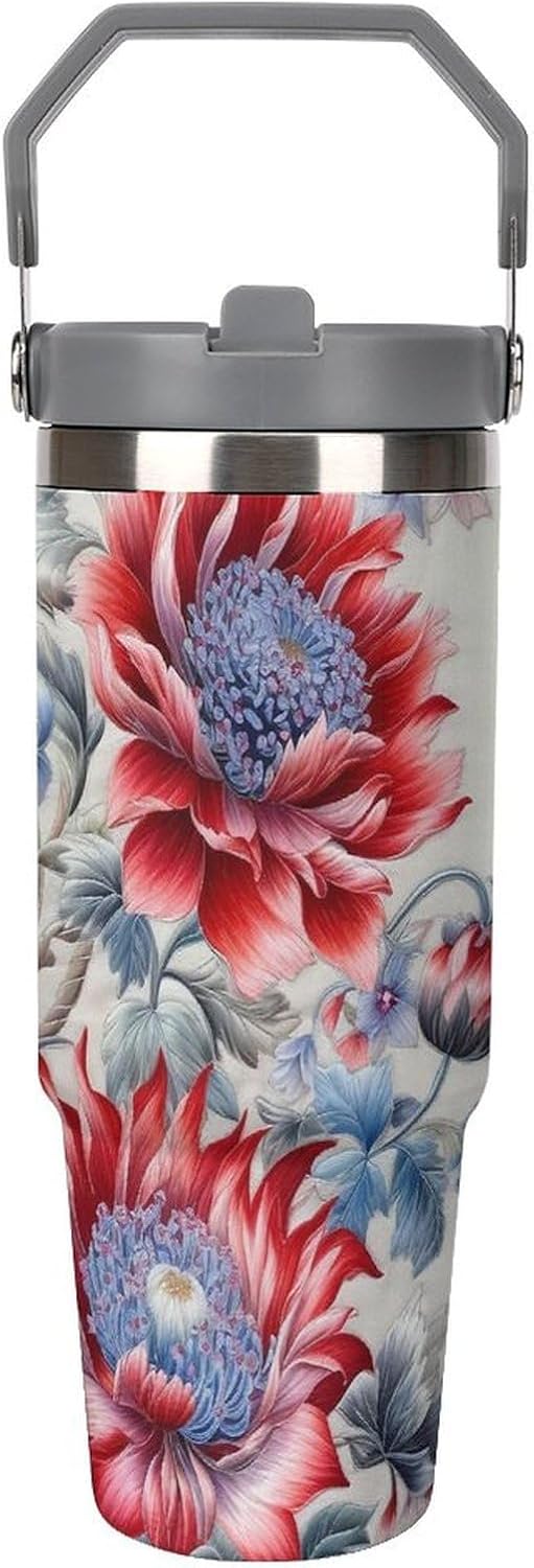 30oz Insulated Tumblers with Top Handle, Stainless Steel Red And Blue Flowers Car Cup with Straw for Gift, Leak-Proof Double Wall Vacuum Travel Mug, Personalized Water Bottles White