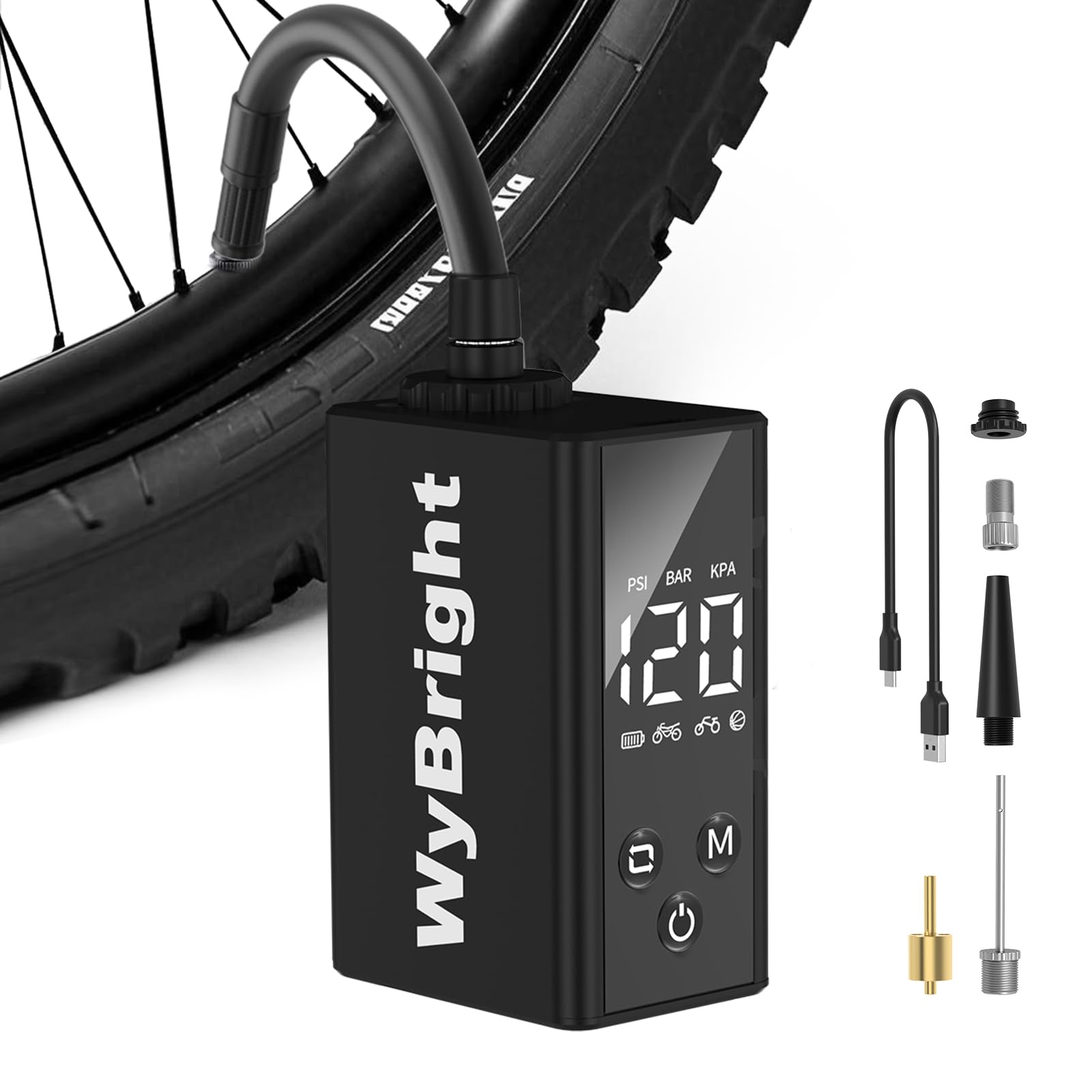 WYBRIGHT 2025超小型 自転車 空気入れ 電動ポンプ ロードバイク 120PSI 携帯便利 自動停止 急速充電 自転車 空気入れ コンパクト 米式仏式英式バルブ対応 ボール/ロードバイク/クロスバイク/マ… Amazon | WyBright 2025超小型 自転車 空気入れ 電動ポンプ ロード