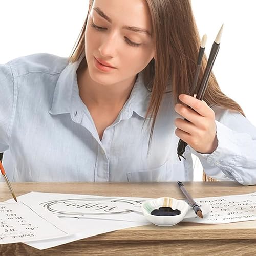 Miniatura 17 de PH PandaHall Plato de tinta para plantas, placa de tinta de porcelana con mango para caligrafía china, soporte para pincel, forma de flor, plato