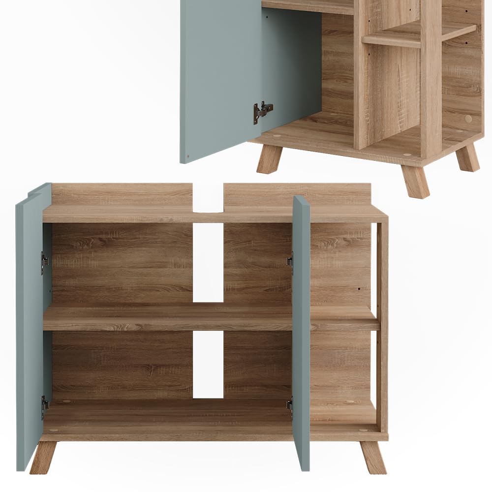 Vicco Set di mobili da bagno Karen, Sonoma/blu, 80 cm, composto da mobile lavabo, pensile a specchio, colonna e base media