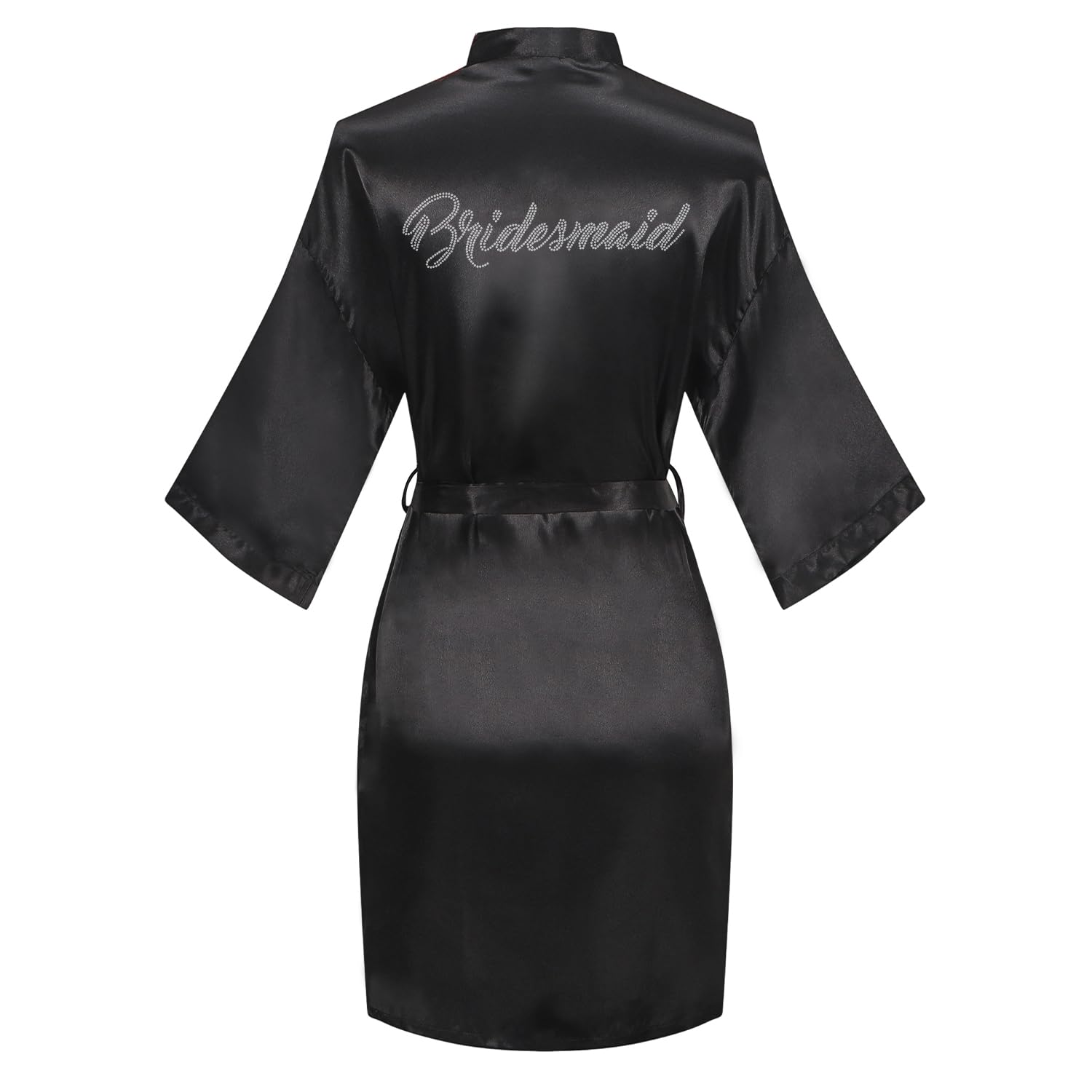 Women's Satin Robe Bride Bridesmaid Short Kimono Robes with Silver Rhinestones for Wedding Party Getting Ready