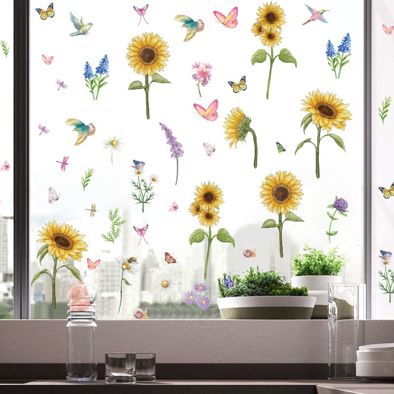 Flower Window Clings for Glass Windows - Stickers Vinyl Window Decals for Bird Strikes Large Size Rose Floral Window Clings for Home Office Bedroom Party (Sunflower)
