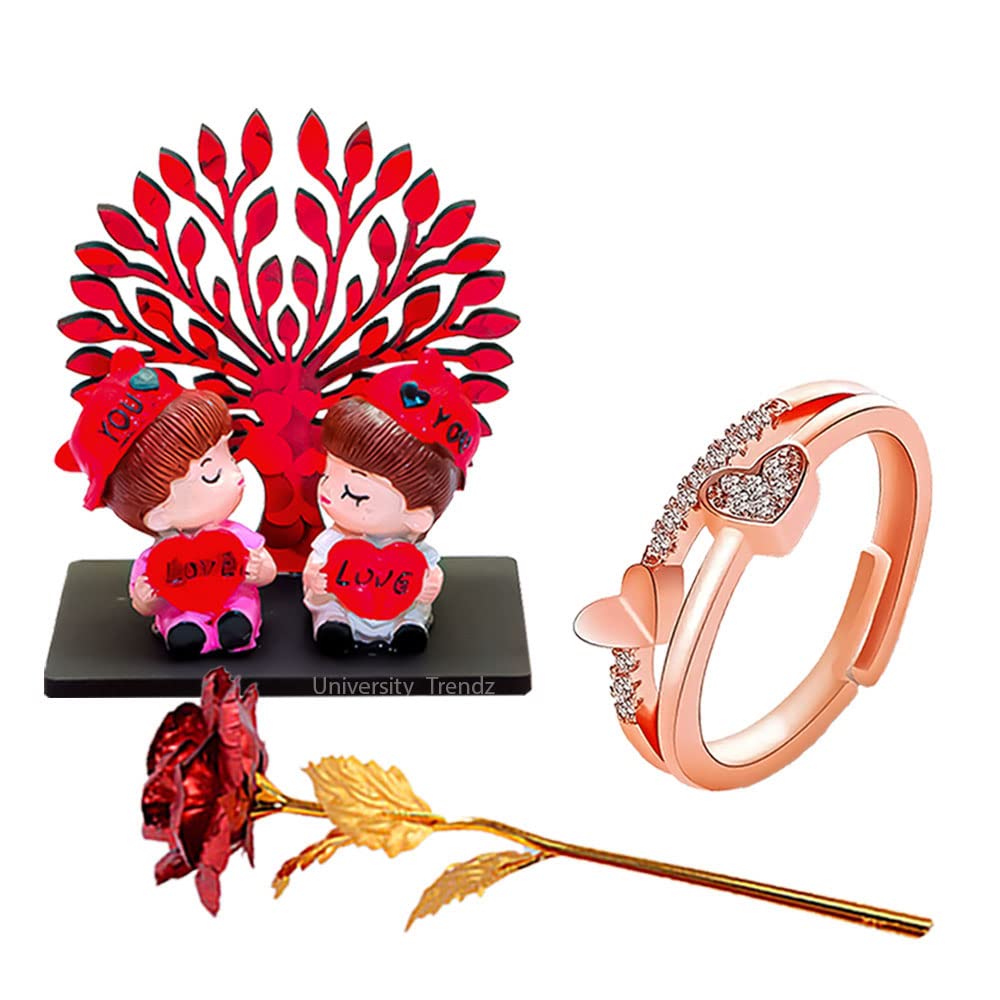 University TrendzRomantic Gift Combo - Double Heart Promise Ring with Love Couple Miniatures & Artificial Red Rose for Girlfriend/Wife/Fiancee