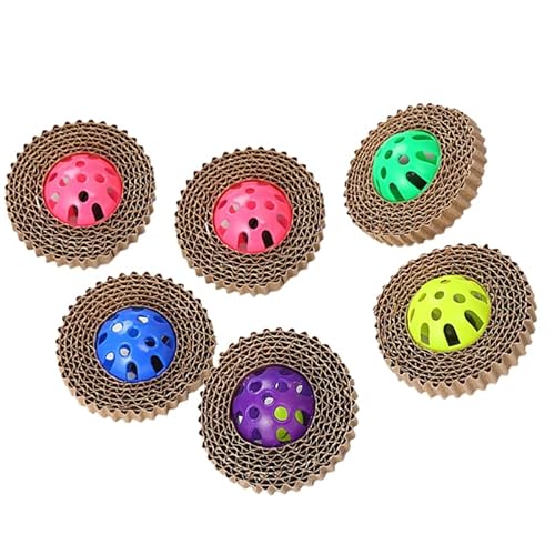 TEHAUX 6Pcs Funny Pet Cat Scratch Board Toy - Corrugated Cardboard Scratcher with Bell Squeaky Plastic Ball for Kitten Play (Mixed Color)