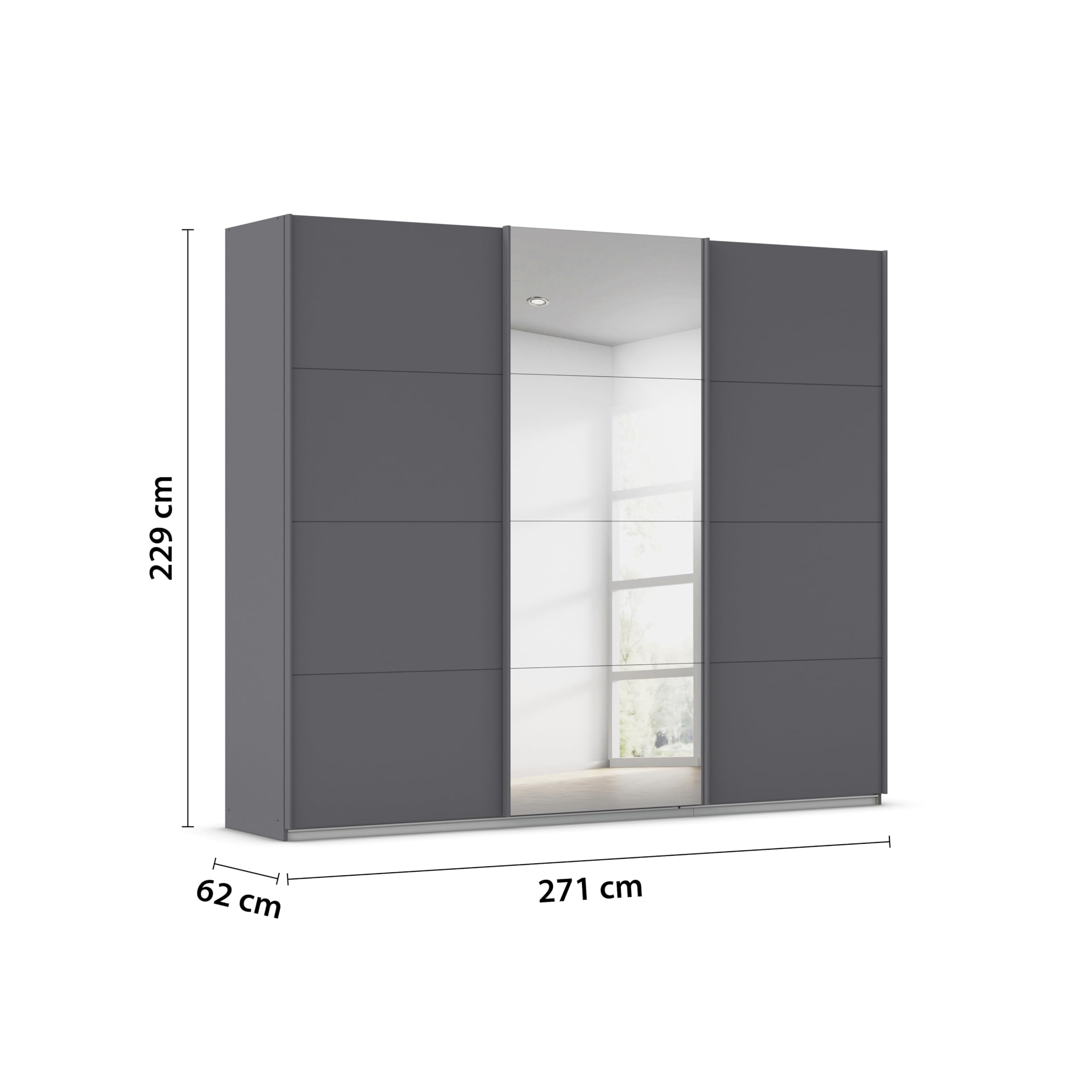 Rauch Möbel KULMBACH, Schwebetürenschrank, Grau metallic, Breite 271 cm | Kleiderschrank mit Schwebetüren, Schiebetüren, 3-türig, mit Spiegel, Zubehör Classic, Schlafzimmer, Jugendzimmer, Garderobe