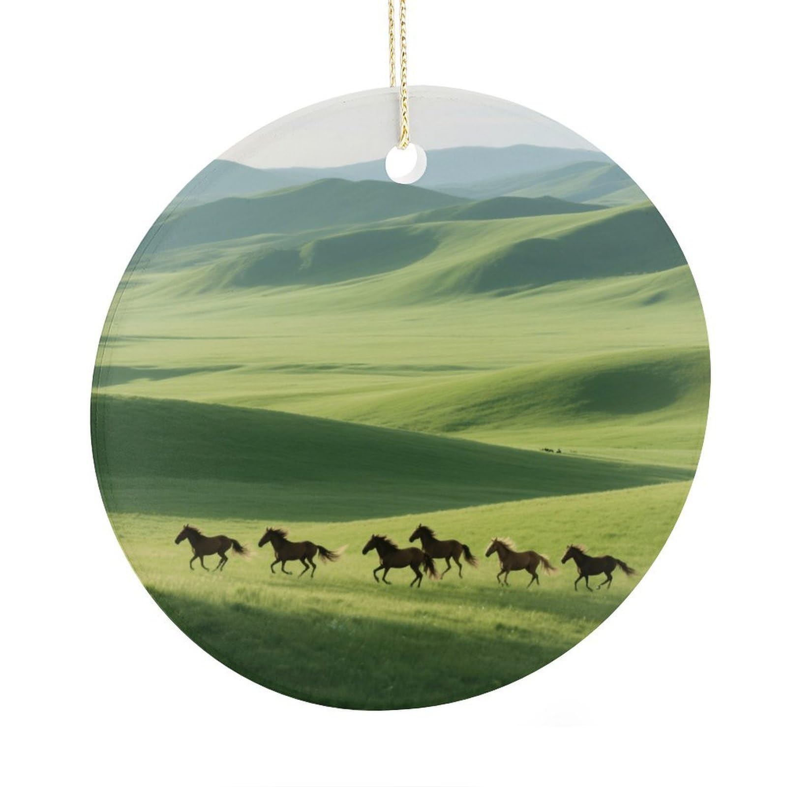 Fekiloot Style Grassland Horses Christmas Ornaments 2.9 Inch Round Ceramic Ornament Keepsake Thank You Gifts For Office, Room, Home - Holiday Present Ideas
