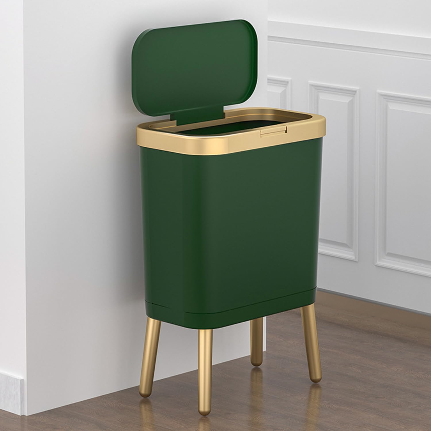 Household high-foot large-capacity trash can with lid press light luxury trash can creative fashion 15 liter toilet paper basket (Light luxury green gold)