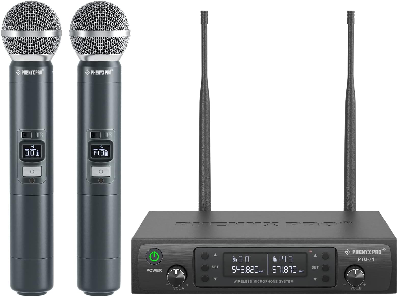 Wireless Microphone System, Dual Wireless Mics,w/ 2 Handhelds, Auto Scan,2x100 UHF Frequencies,328ft Range,Dynamic Microphone for Singing, Karaoke, Church(PTU-71-2H)