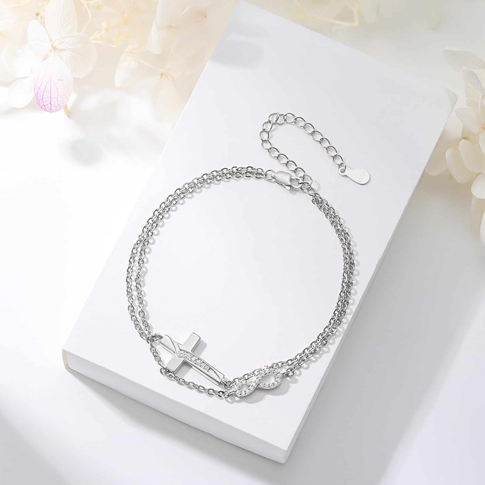OHAYOO Infinity Bracciale da donna in argento sterling 925, oro rosa, con simbolo dell'infinito con croce e bracciale infinito, regalo per fidanzate, donne, ragazze, mamma