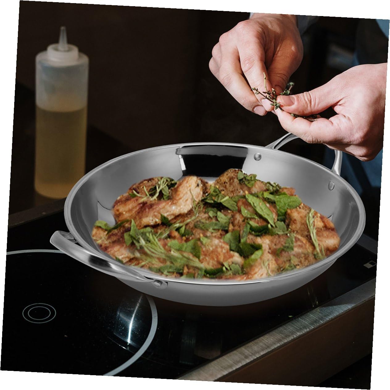 ABOOFAN Stainless Steel Flat Bottom Cooking Pot Kitchen Frying Wok for Home Use - Cookware Compatible Gas and Electric Stoves Easy to Clean Design