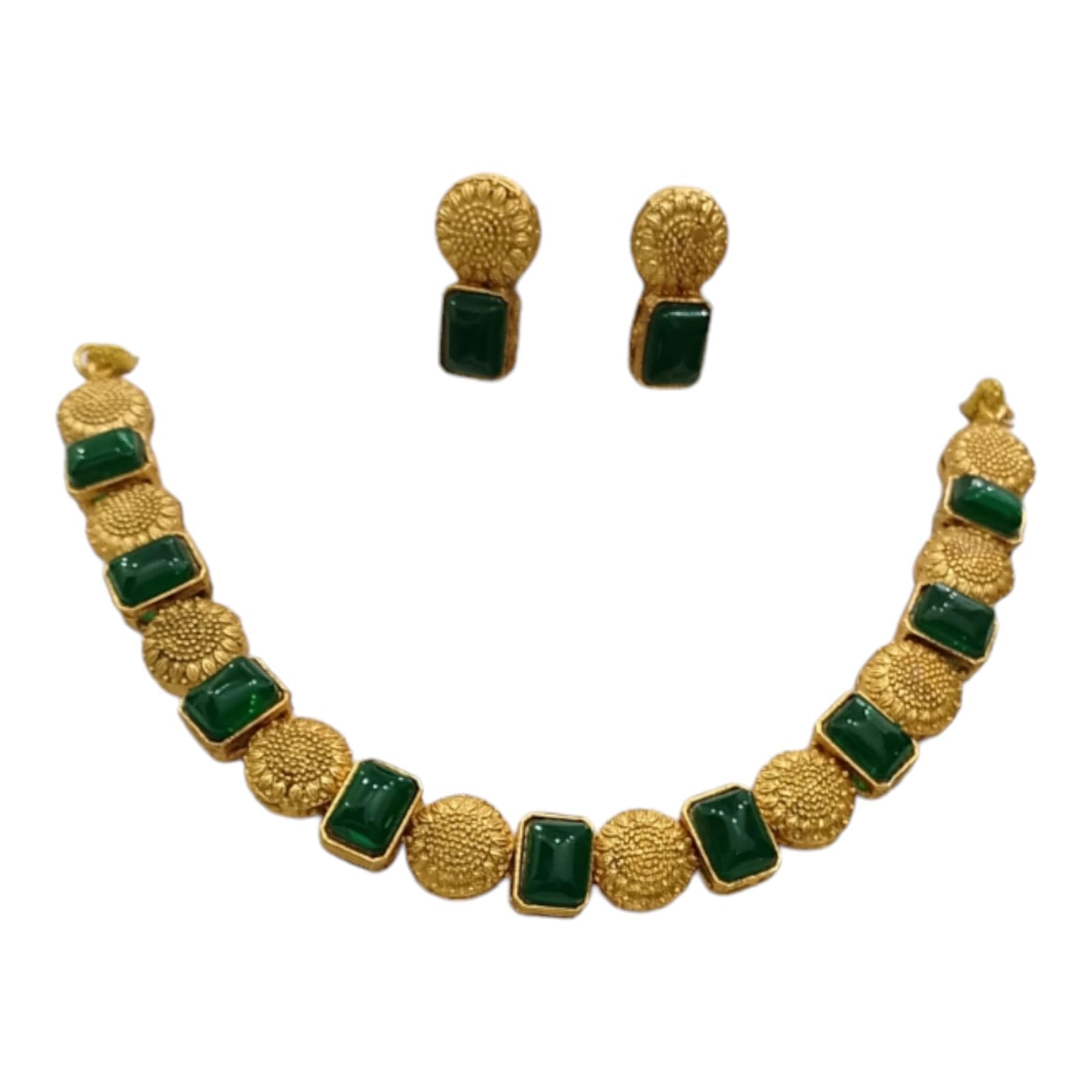 ESHIP Traditional Choker Necklace Set | Green Emerald stones gold plated Necklace and Studs | Premium Gold Plated Choker Necklace and Earrings | (B0DFTVX6TD) Amazon Price History, Amazon Price Tracker