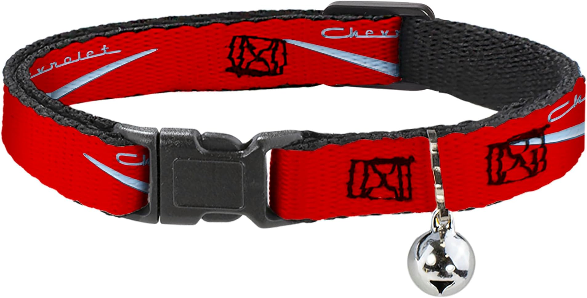 Chevy Breakaway Cat Collar With Bell, Plastic Clip, Easy Adjustable, 1955 57 Chevrolet V Emblem Red Silver, 8.5 to 12 Inches 0.5 Inch Wide
