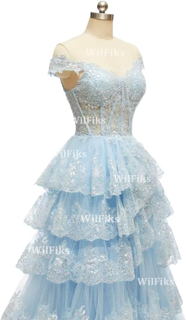 Off Shoulder Tiered Lace Prom Dresses 2026 Long Ball Gowns for Women Formal Sparkly Sequin Corset Wedding Gown with Slit - Image 8