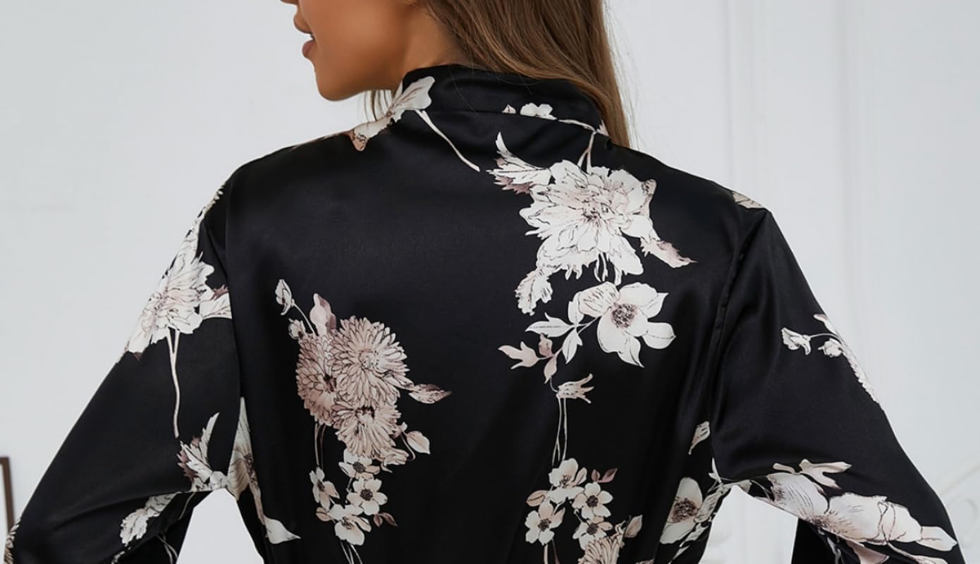 Genérico Batas de Satén de Lujo para Mujer,Albornoces Kimono de Seda con Estampado Floral y Cuello en V,Cárdigan Corto Ligero y Suave para Dormir.