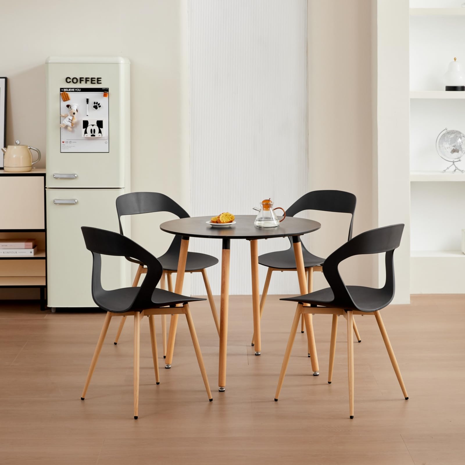 4er Set Nordisches Esszimmerstuhlt, Küchenstuhl, Mit Metallbeinen, Großes Hohlrücken-Design, Geeignet für Wohnzimmer, Esszimmer, Freizeitzimmer – Schwarz + Holz