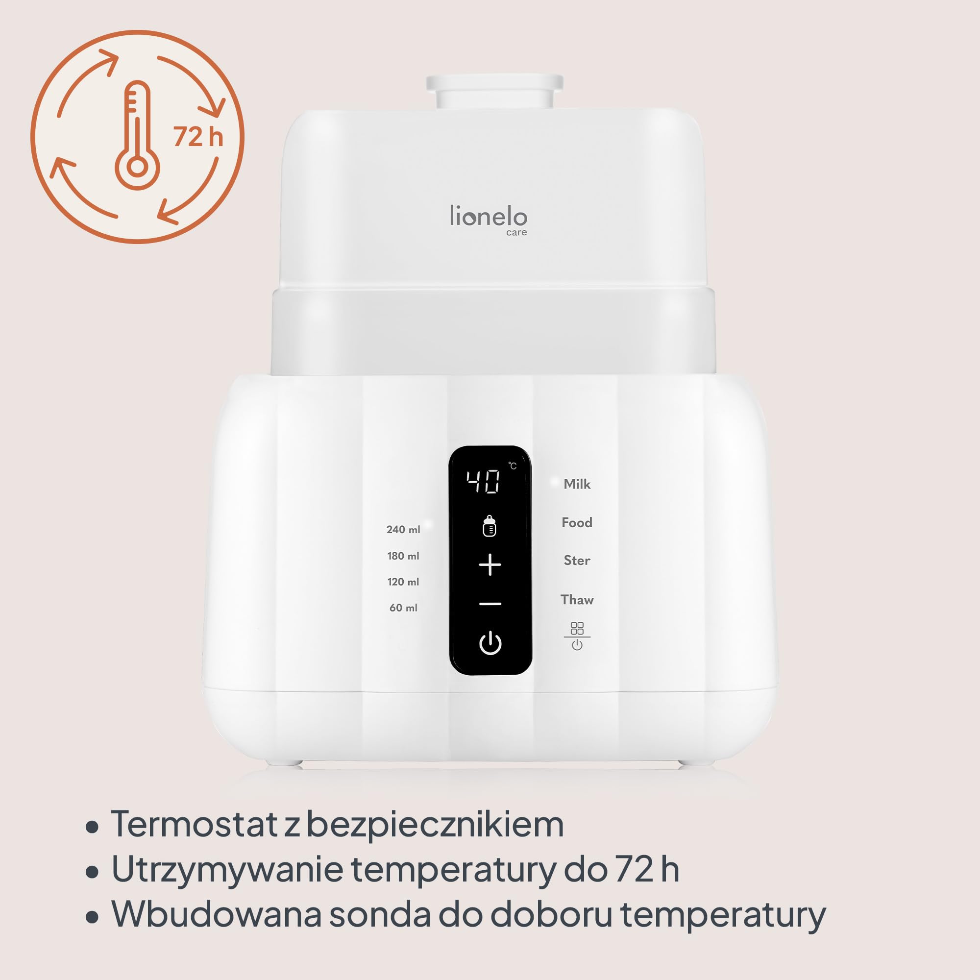 LIONELO Podwójny Podgrzewacz do Butelek Thermup Duo, Utrzymuje Ciepło Płynów, 5 Trybów Pracy, Sterylizacja, Rozmrażanie, Czujnik Temperatury NTC