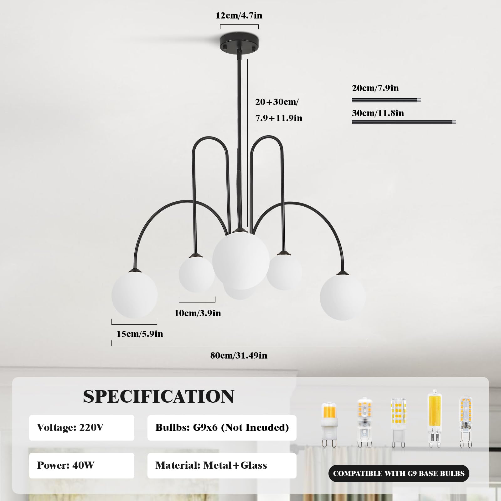 KCO Lighting Lampadario Sfere Soggiorno, Lampadario Sputnik 6 luci nero con Sfere in Vetro, Design Moderno per Sala da Pranzo, Camera da Letto, Ingresso e Cucina