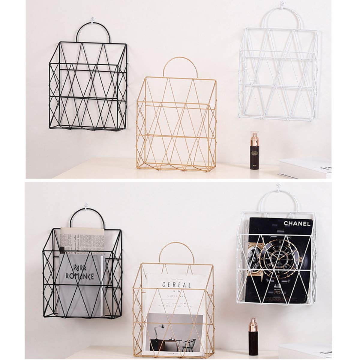 Nowoczesny metalowy druciany wieszak ścienny na koszyki Newspaper Book Storage Display Unit Organizer - złoty