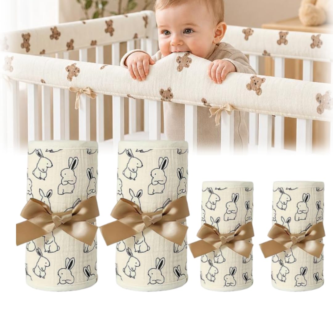 4PCS Crib Rail Cover for Teething,Furniture Edge Protector for Nursery Bed,Tollder Proofing Edge Protector,Corner Bed Rail Bumpers for Furniture,Teething Pad Set for Front and Back Rails