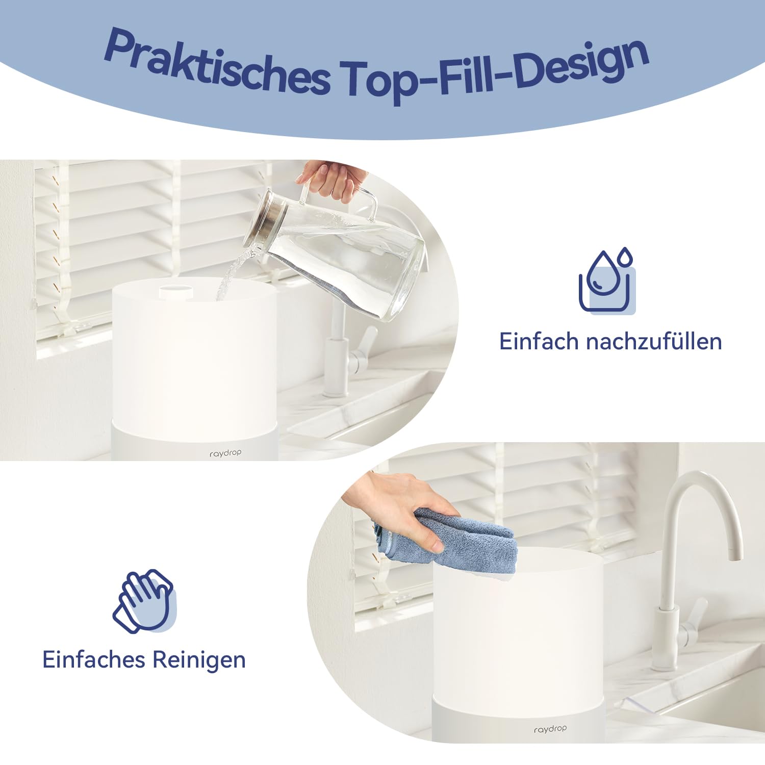 raydrop Luftbefeuchter 3L Ultraschall Cool Mist Top-Fill für große Räume Aroma Diffusor LED-Licht Timer Auto-Abschaltung
