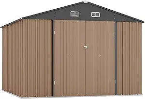 10x8 FT Metal Outdoor Storage Shed, Zstar Steel Utility Tool Shed Storage House with Lockable Door Design, Metal Sheds Outdoor Storage for Garden, Patio, Backyard, Outside Use, Brown