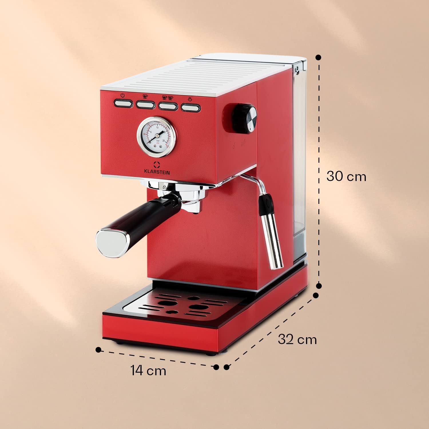 Klarstein Pausa Espressomaker Siebträger 1350 Watt 20 Bar Druck 1,4 Liter Edelstahl rot