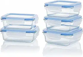 Conjunto 5 Potes 640ml Vidro Hermético 4 Travas Marmita Refratario Fit Microondas Freezer Tampa Hermetica Retangular