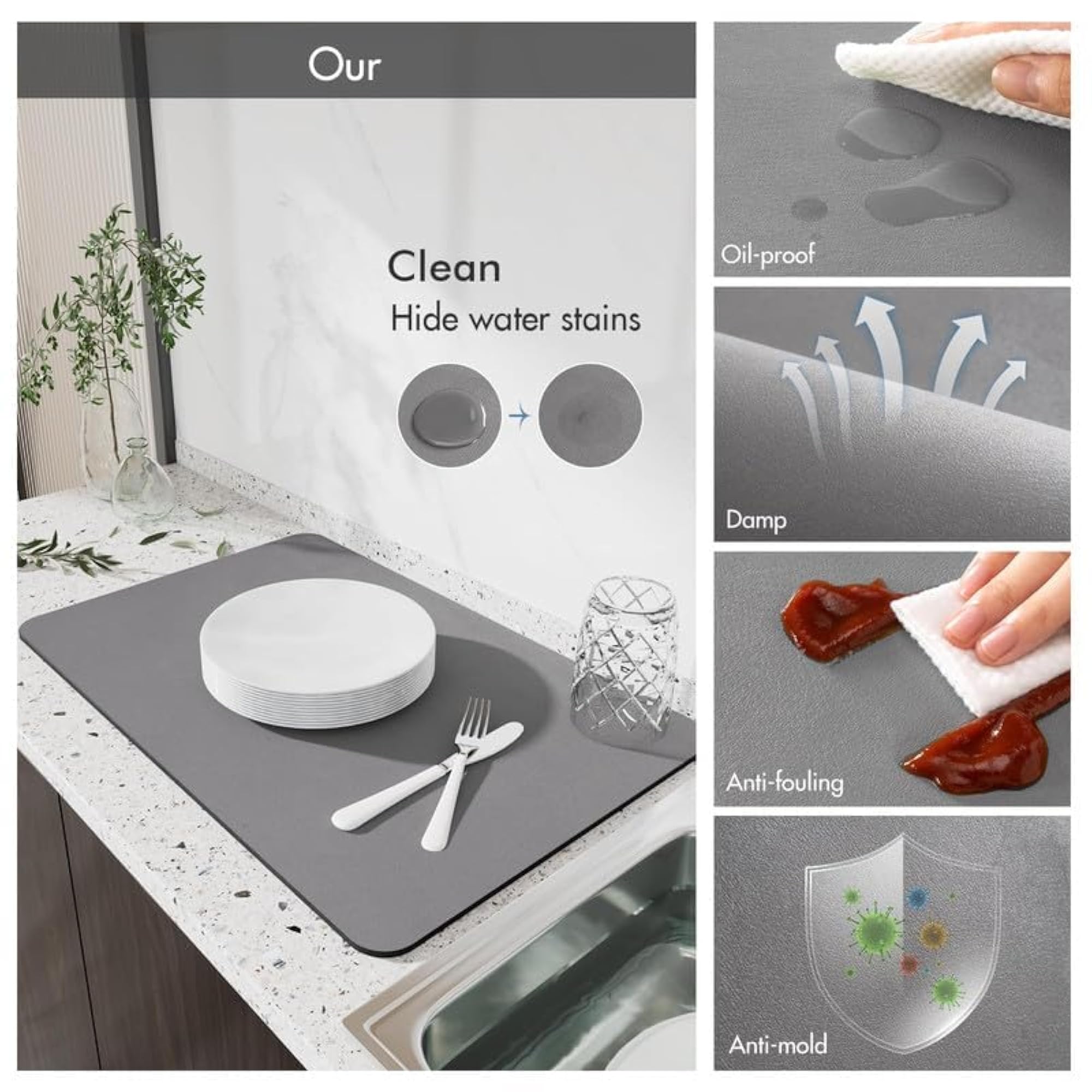 Dish Drying Mat Big with Non-Slip Rubber Backing