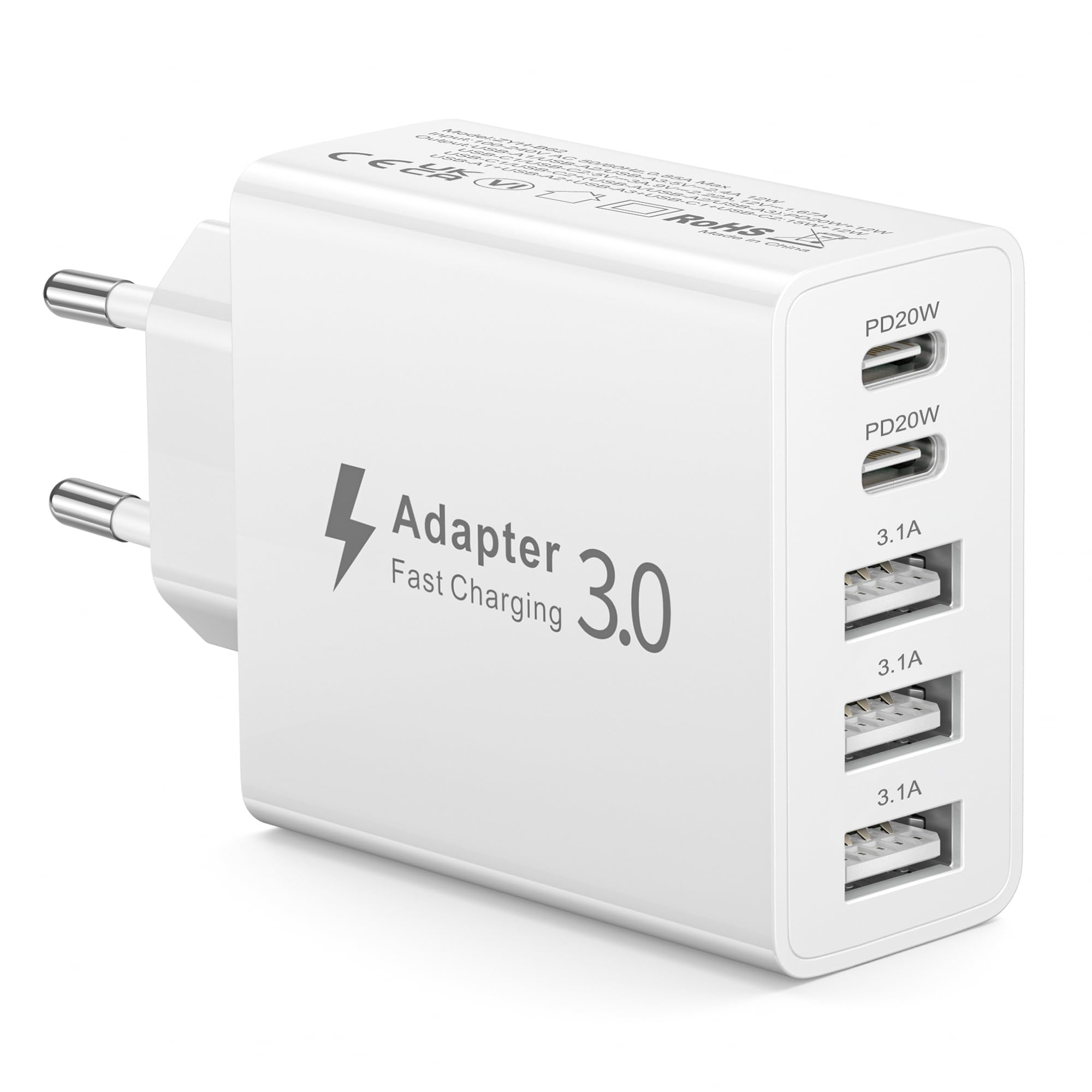 Szybka Ładowarka USB C 50W, Wieloportowy Zasilacz USB C z 5 Portami, Ładowarka Sieciowa Kostka Wtyczka USB Typ C do iPhone 17 16 15 14 13 12 11 Pro Max, Samsung Galaxy S26 S25