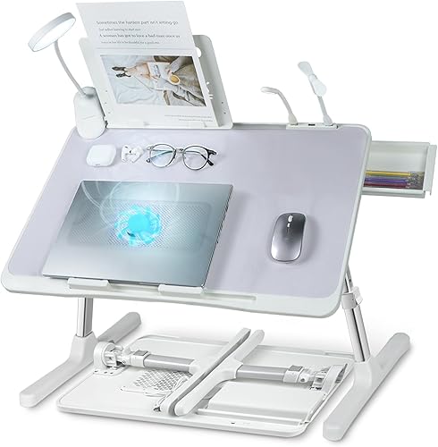 Escritorio de regazo para laptop con ventilador de refrigeración, ajustable con luz, USB, cajón de almacenamiento, escritorio de cama plegable,