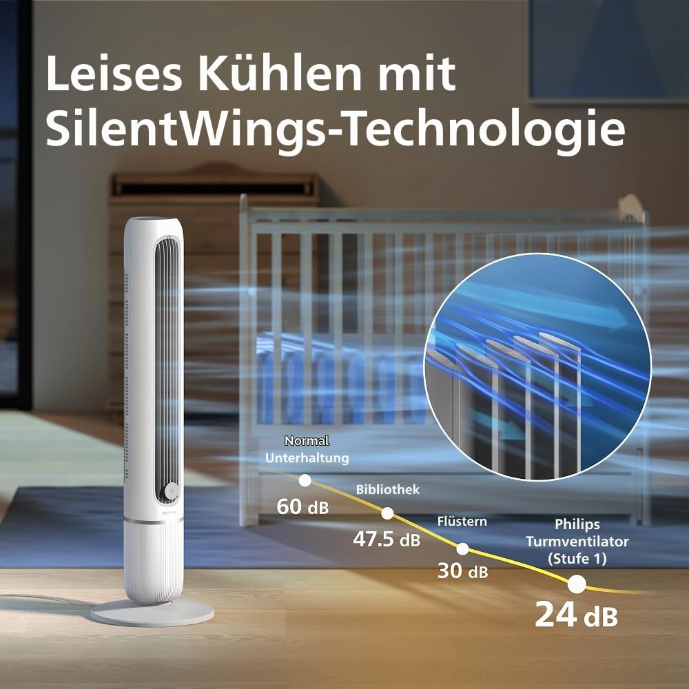 PHILIPS Turmventilator 5000 Serie, Weiß, 2.370 m³/h Airflow | 106 cm, SilentWings-Technologie mit 24-44 dB(A), App, Fernbedienung, 5 Geschwindigkeiten, Oszillation 80° (CX5550/00)