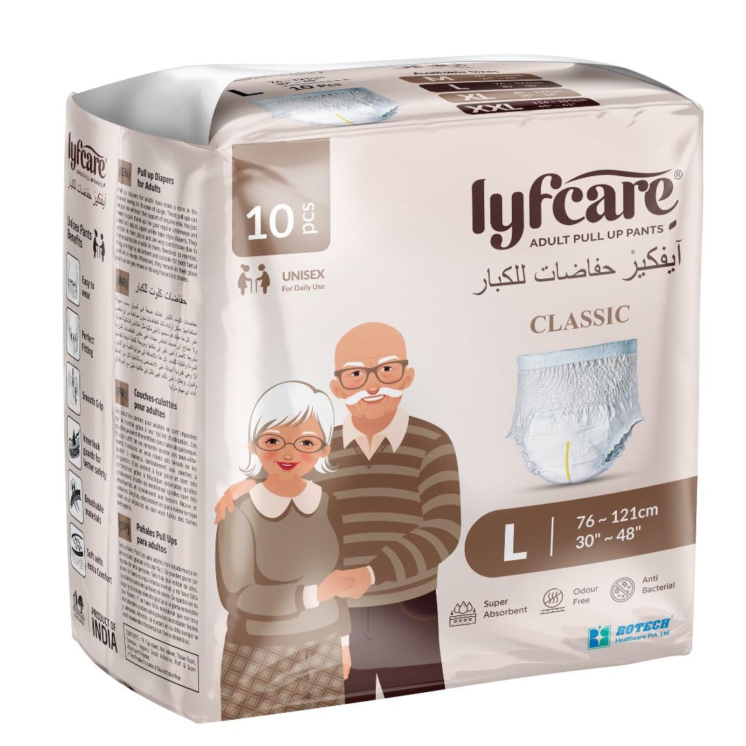 Lyfcare Classic Adult Diapers Extra large Size (XL) - 10 Units | Unisex Diapers Pants Style | Waist (90-125 cm) | Wetness Indicator, Super Absorption, 360° Protection & 0% Leakage | For Men & Women (B0D47PFNY9) Amazon Price History, Amazon Price Tracker