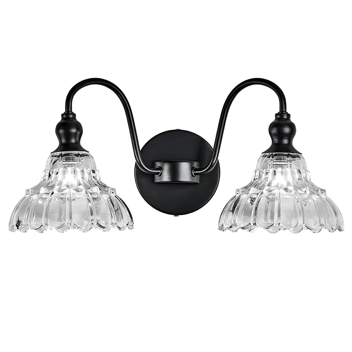 2-Light Modern Wall Sconce Black Wall Light Fixtures Made of Metal Body and Pressed Patterned Glass with Unique Design Vanity Light for Bedroom, Bathroom, Doorway, Farmhouse