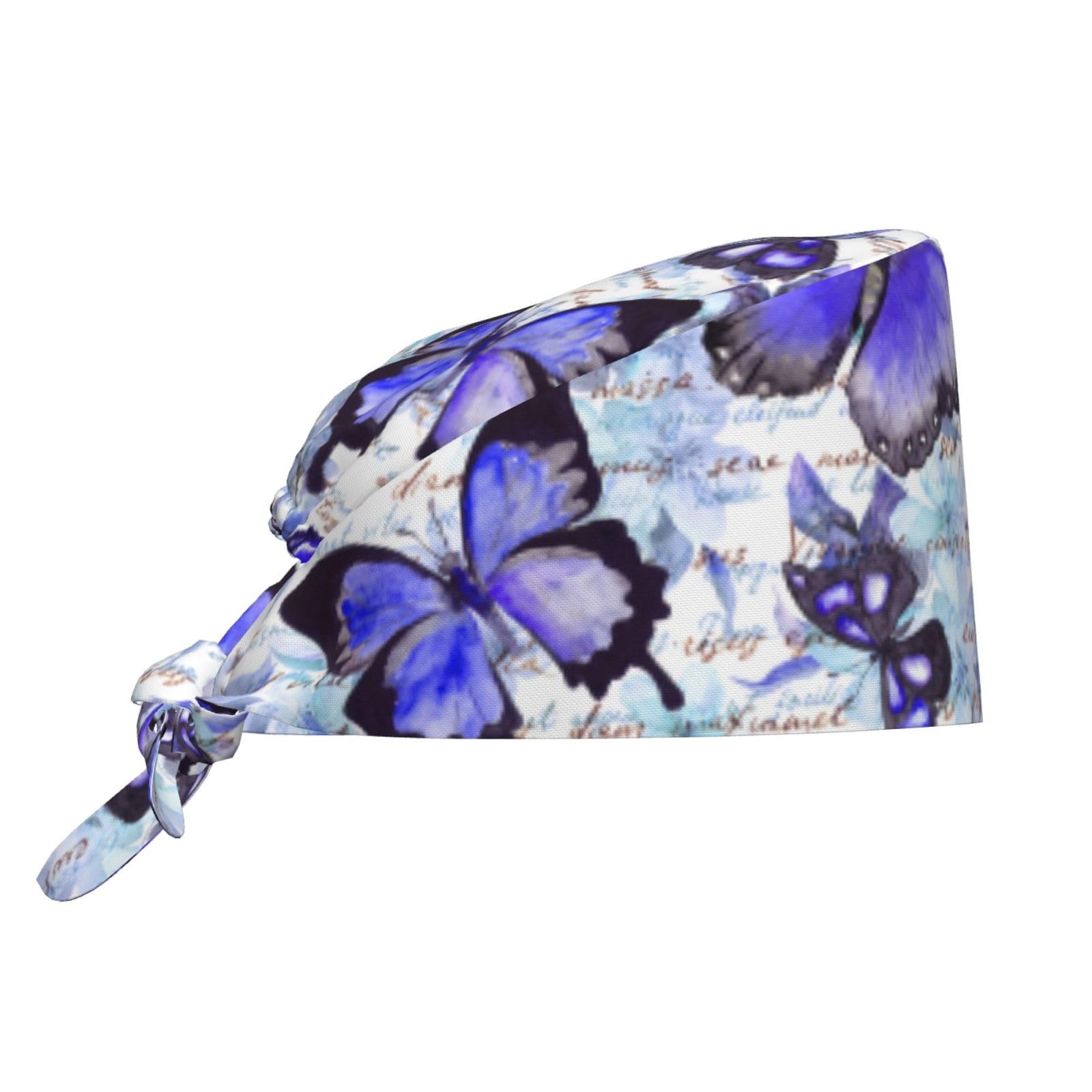 Kuilepa Butterflies Print Working Caps With Sweatband Adjustable Working Hats Elastic Scrub Hats Nurse Scrub Cap Nurse Hats