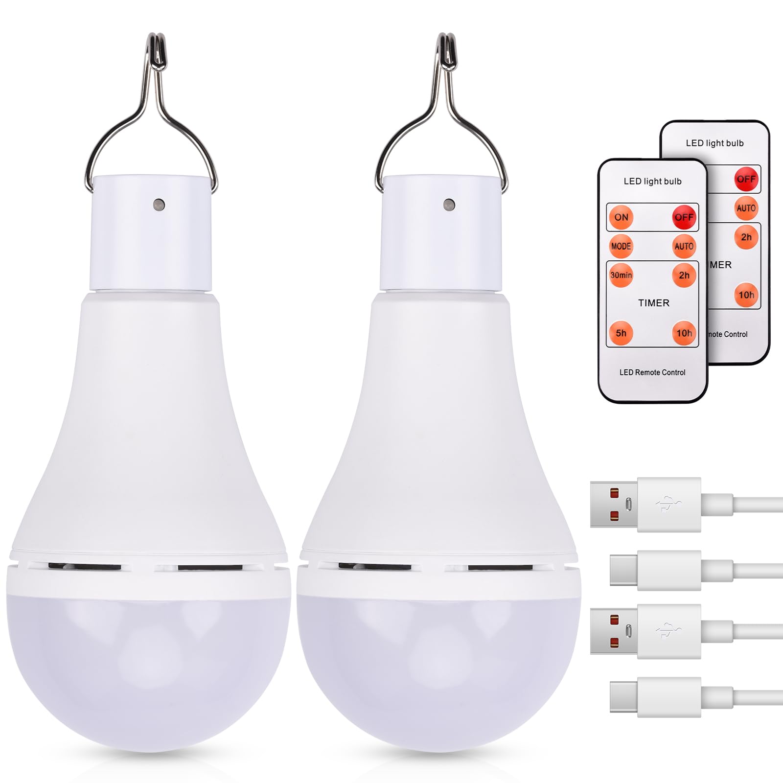 HONGNIX 2 Pezzi Lampadine LED Ricaricabile USB 9W Lampadina Bianco Portatile con Pulsante Regolazione a Cinque Velocità con Telecomando per la Temporizzazione,con Gancio per Tenda da Campeggio Pesca